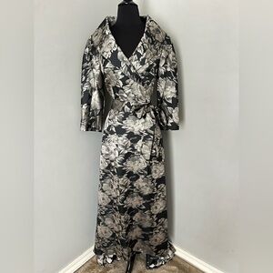 NWT Alex Evenings Black & Silver Floral Faux Wrap Evening Gown